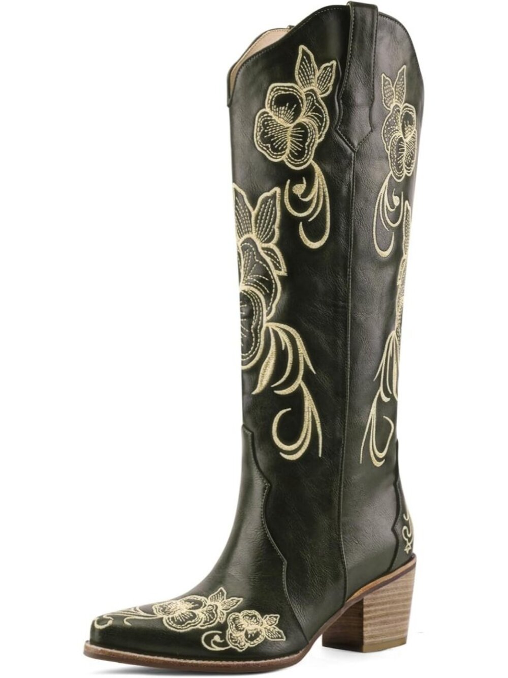 Women Black Faux Leather Western Pointed Toe Cowboy Cowgirl Chunky Block Heel
